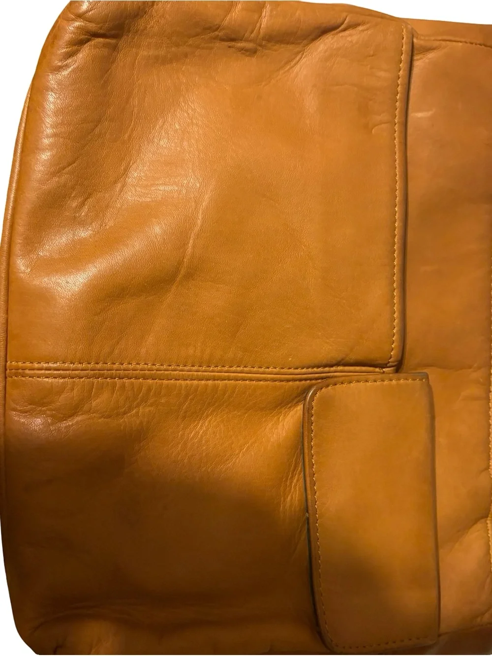 Cognac Leather Tote Bag with Front Zip Pocket